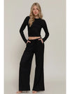 Long Sleeve Crew Neck Top & Waist Tie Long Pants Set Black