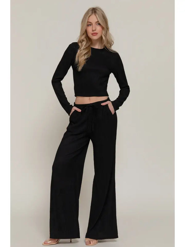 Long Sleeve Crew Neck Top & Waist Tie Long Pants Set Black