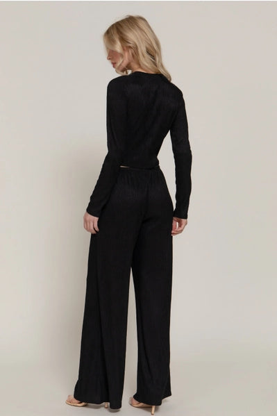 Long Sleeve Crew Neck Top & Waist Tie Long Pants Set Black