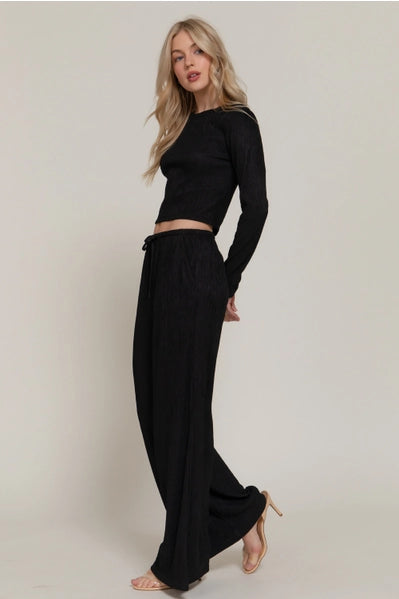 Long Sleeve Crew Neck Top & Waist Tie Long Pants Set Black