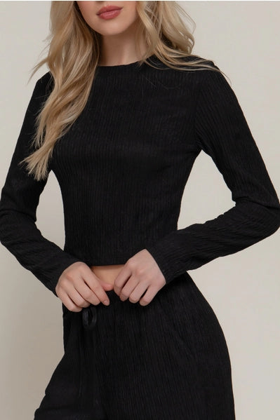 Long Sleeve Crew Neck Top & Waist Tie Long Pants Set Black