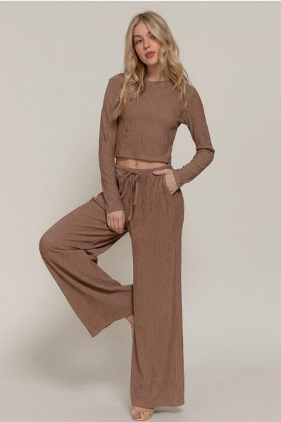 Long Sleeve Crew Neck Top & Waist Tie Long Pants Set Mocha