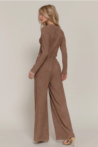 Long Sleeve Crew Neck Top & Waist Tie Long Pants Set Mocha