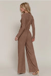 Long Sleeve Crew Neck Top & Waist Tie Long Pants Set Mocha