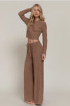 Long Sleeve Crew Neck Top & Waist Tie Long Pants Set Mocha
