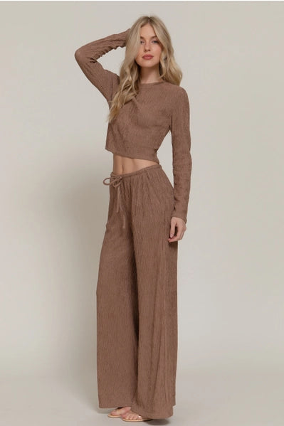Long Sleeve Crew Neck Top & Waist Tie Long Pants Set Mocha