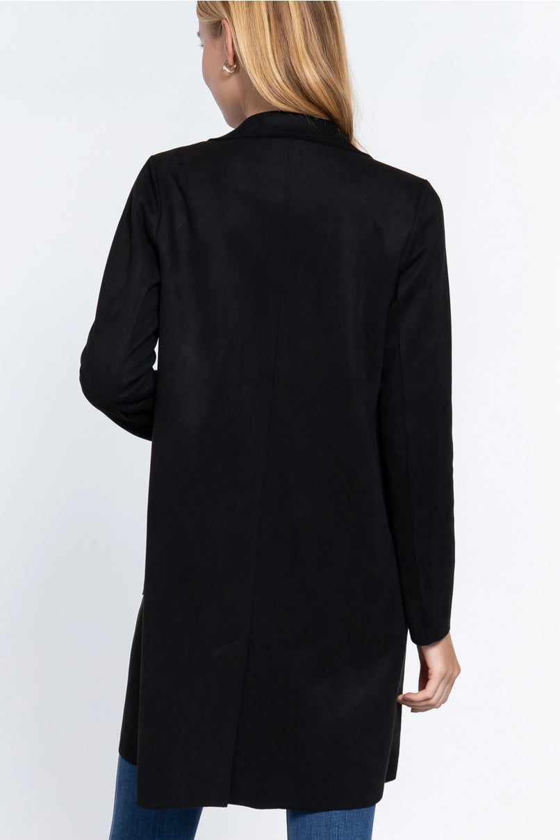 Long Sleeve Open Front Faux Suede Jacket Black