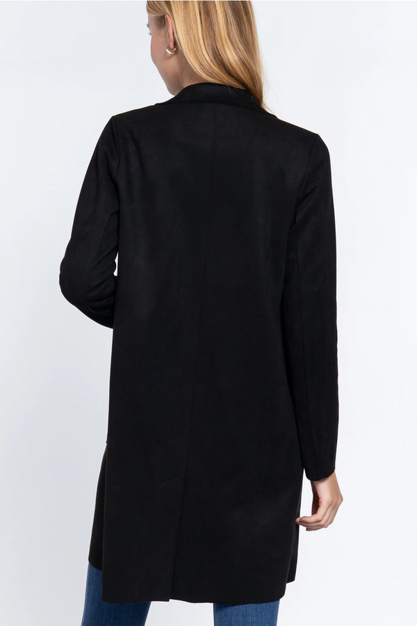 Long Sleeve Open Front Faux Suede Jacket Black