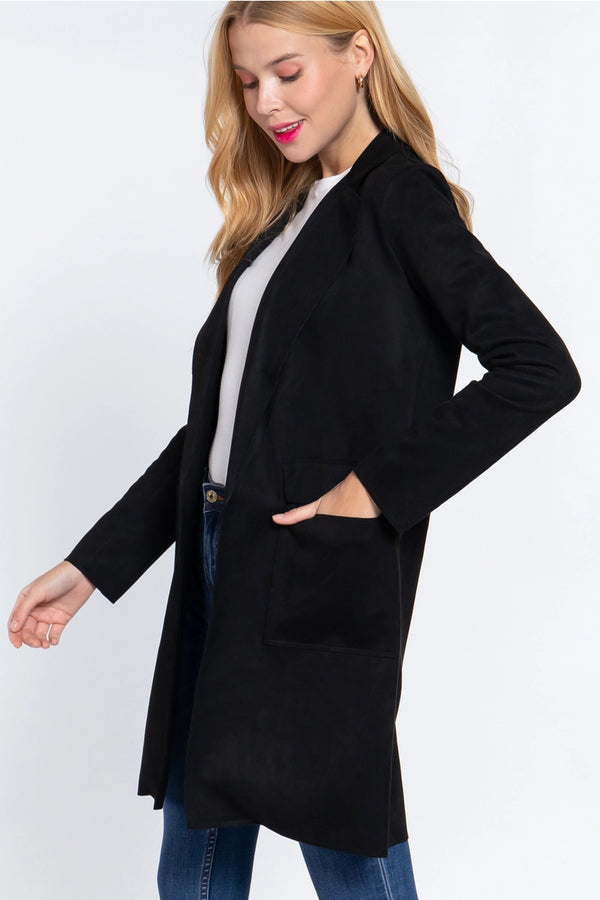 Long Sleeve Open Front Faux Suede Jacket Black