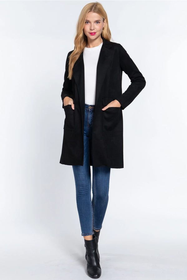 Long Sleeve Open Front Faux Suede Jacket Black