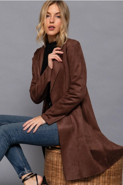 Long Sleeve Open Front Faux Suede Jacket Dark Brown