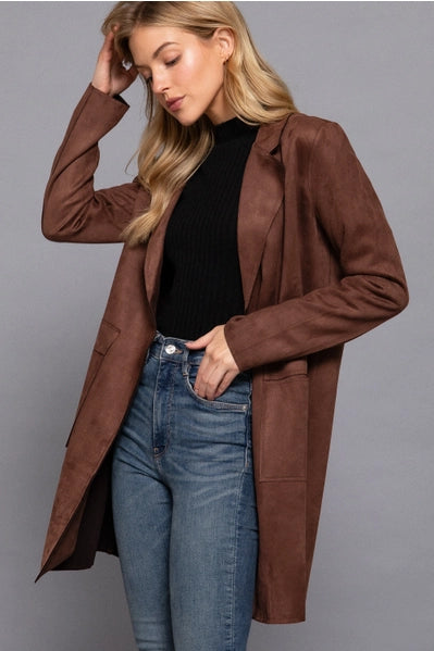 Long Sleeve Open Front Faux Suede Jacket Dark Brown