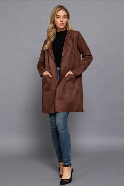 Long Sleeve Open Front Faux Suede Jacket Dark Brown