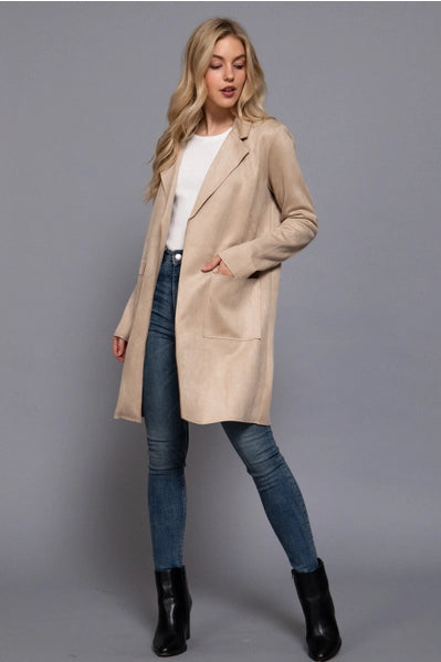 Long Sleeve Open Front Faux Suede Jacket Sand Taupe