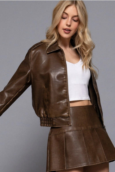 Long Sleeve Wash Effect Faux Leather Jacket