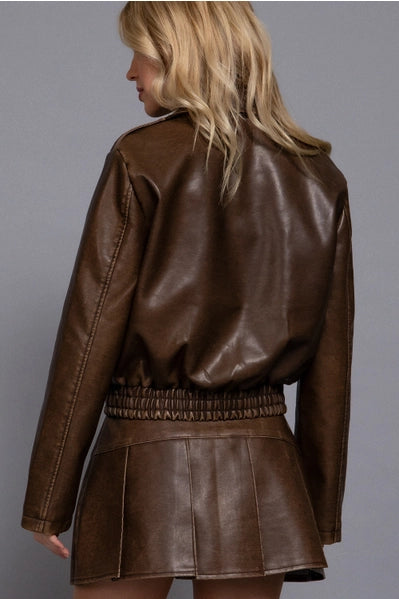 Long Sleeve Wash Effect Faux Leather Jacket