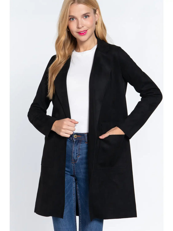 Long Sleeve Open Front Faux Suede Jacket Black