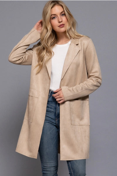Long Sleeve Open Front Faux Suede Jacket Sand Taupe