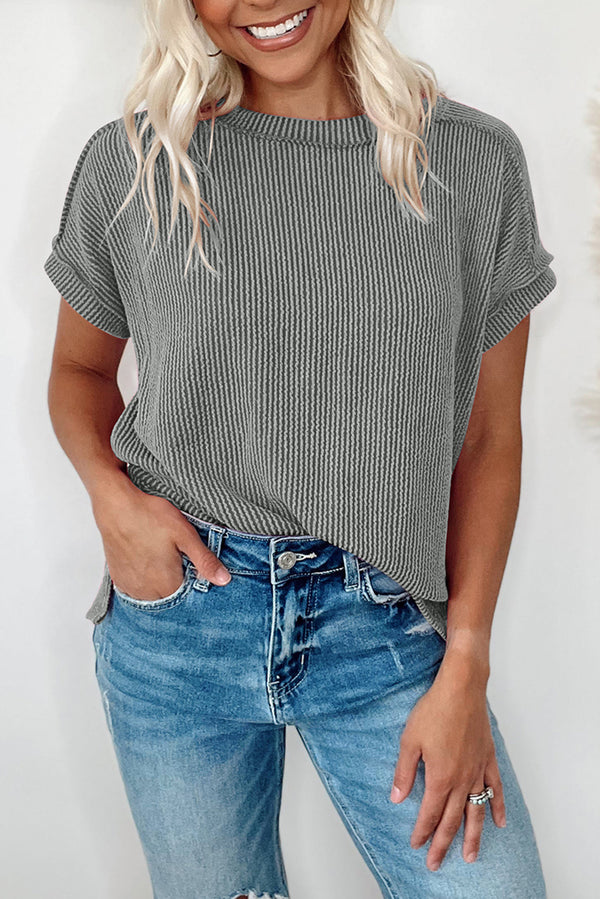 Medium Grey Textured Knit Exposed Stitching Top
