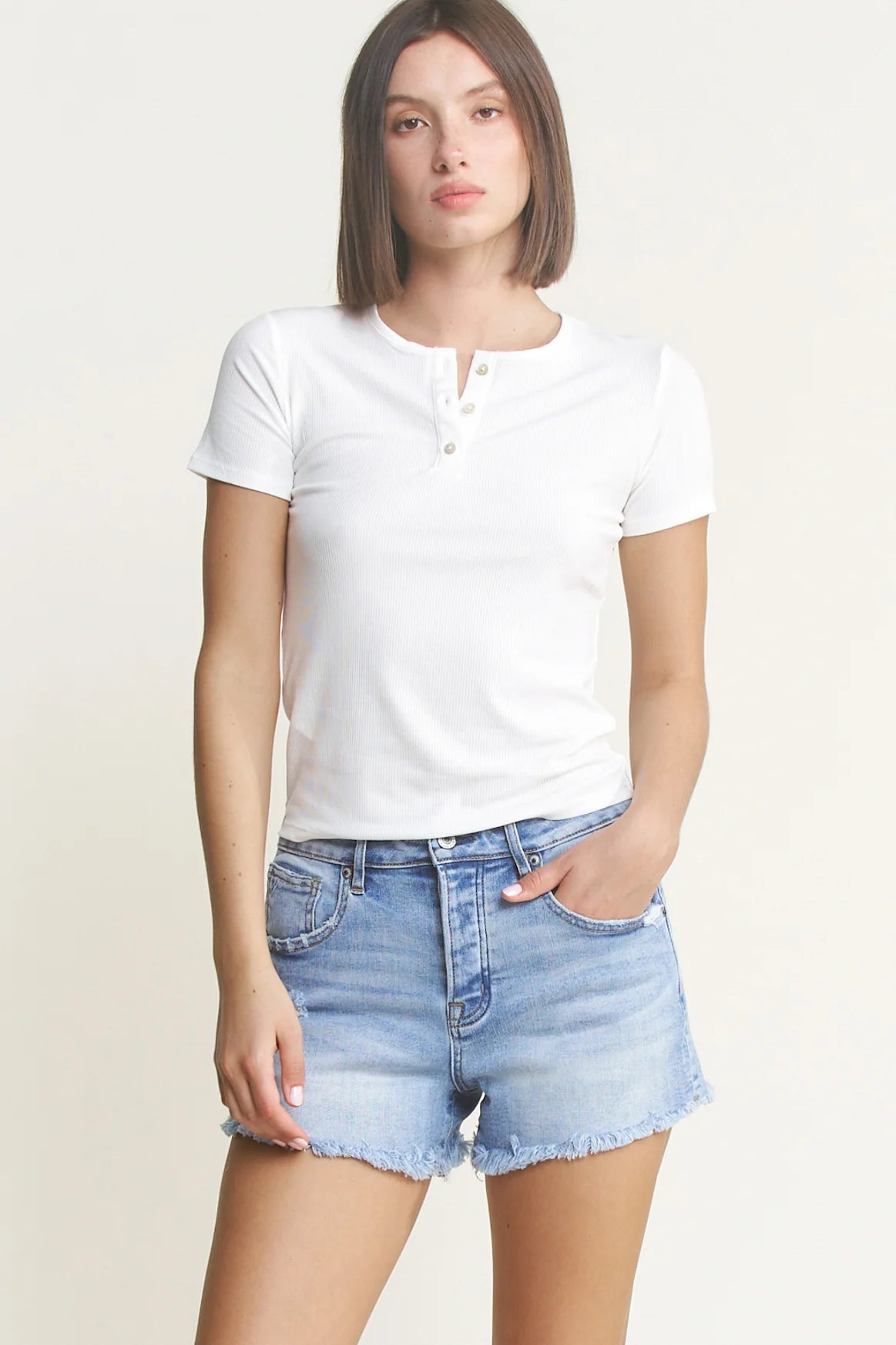 Mica Super High Hidden Buttons Distressed with Raw Hem Shorts