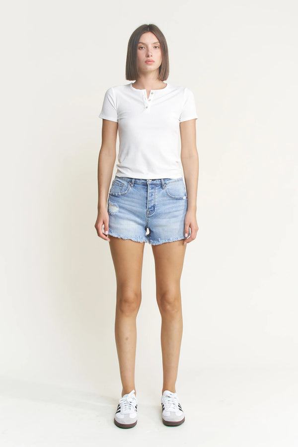 Mica Super High Hidden Buttons Distressed with Raw Hem Shorts