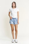 Mica Super High Hidden Buttons Distressed with Raw Hem Shorts