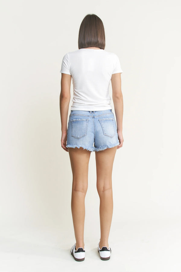 Mica Super High Hidden Buttons Distressed with Raw Hem Shorts
