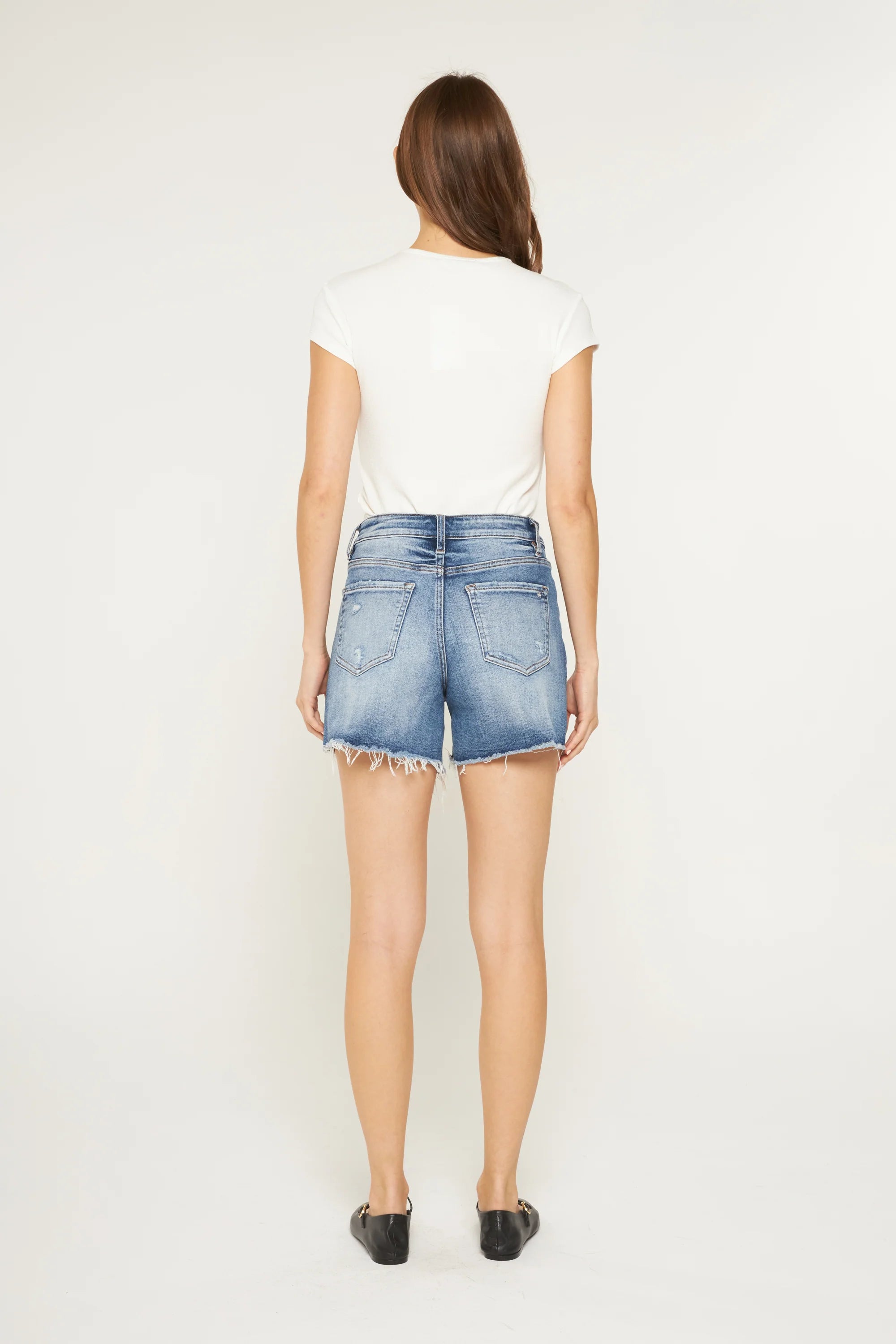 Mica Super High Raw Hem Mid Length Denim Shorts