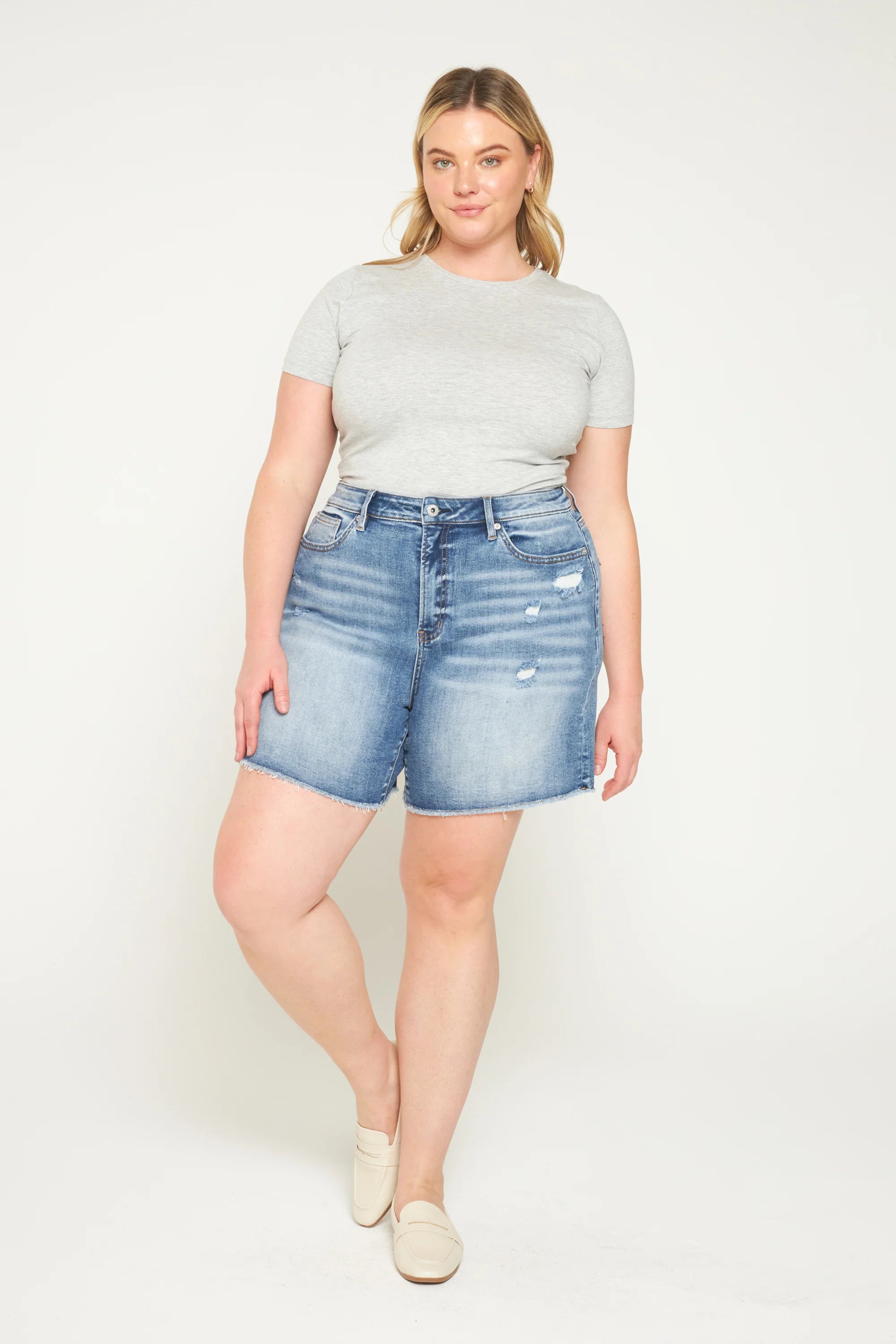 Mica Super High Raw Hem Mid Length Denim Shorts Plus Size