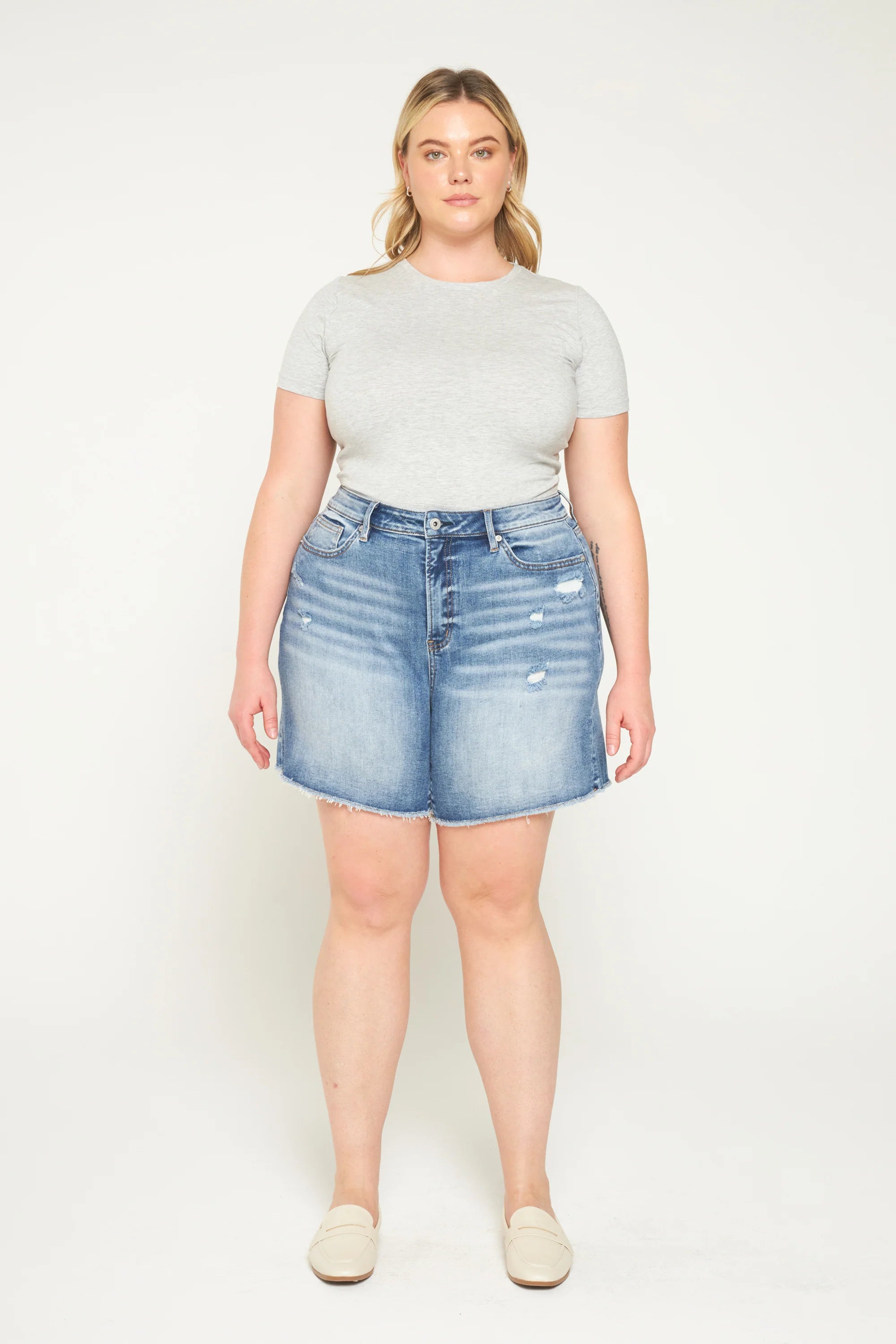 Mica Super High Raw Hem Mid Length Denim Shorts Plus Size