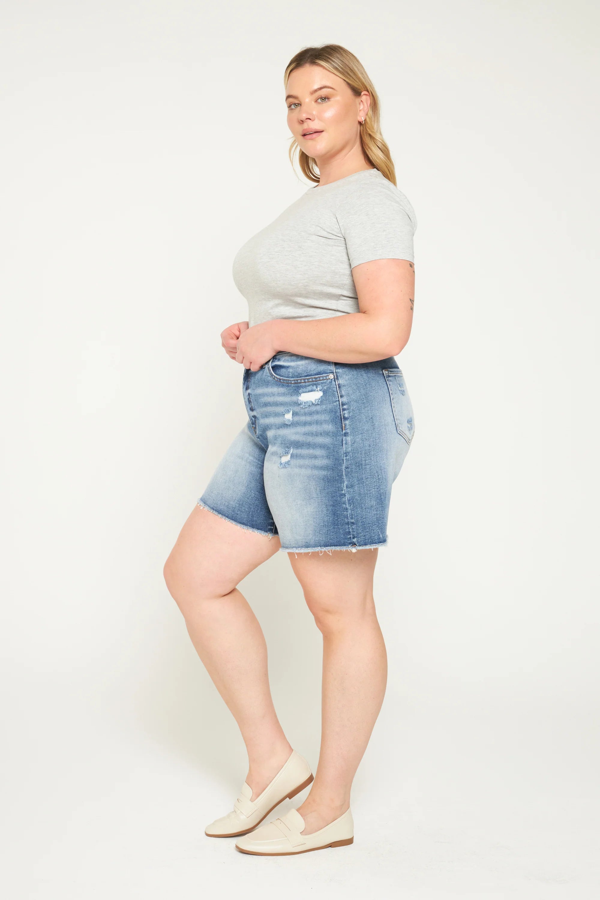 Mica Super High Raw Hem Mid Length Denim Shorts Plus Size