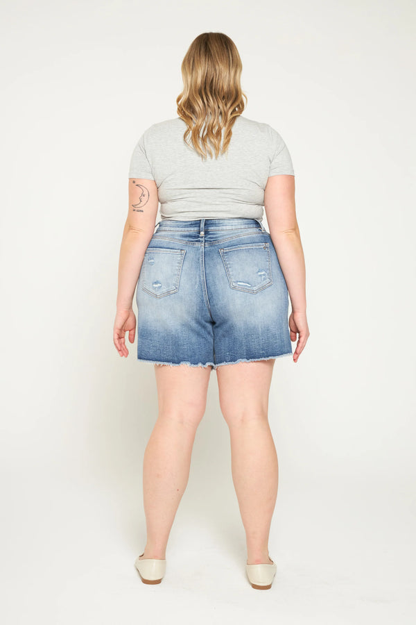 Mica Super High Raw Hem Mid Length Denim Shorts Plus Size