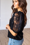 Midnight Blossom Black Sequins Floral Puff Sleeve