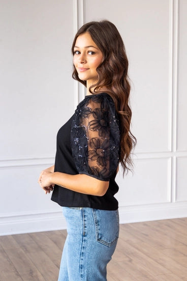 Midnight Blossom Black Sequins Floral Puff Sleeve