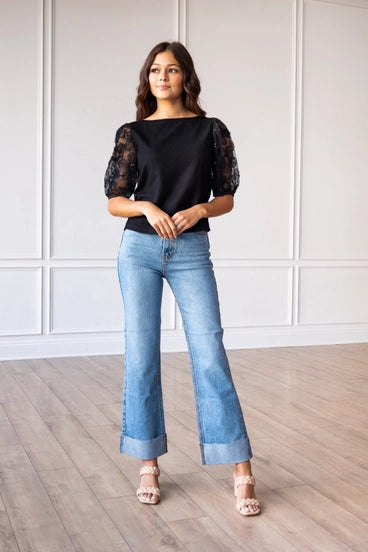 Midnight Blossom Black Sequins Floral Puff Sleeve
