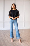 Midnight Blossom Black Sequins Floral Puff Sleeve