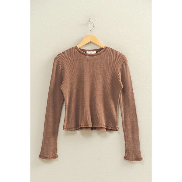 Mineral Wash Waffle Knit Long Sleeve Top - 4 Colors