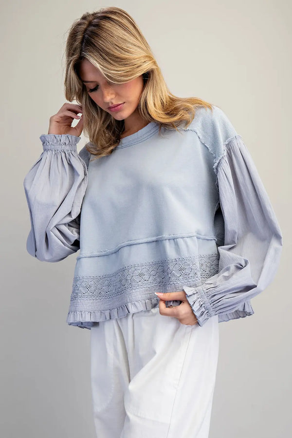 Mineral Washed Lace Contrast Top