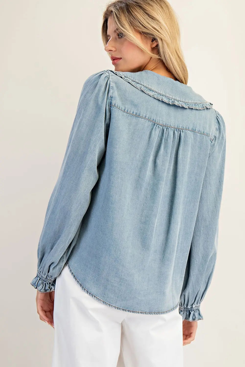 Mineral Washed Round Collar Button Down Blouse
