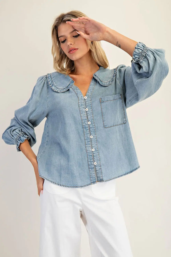 Mineral Washed Round Collar Button Down Blouse