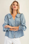 Mineral Washed Round Collar Button Down Blouse