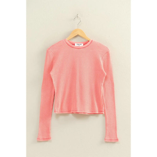 Mineral Wash Waffle Knit Long Sleeve Top - 4 Colors