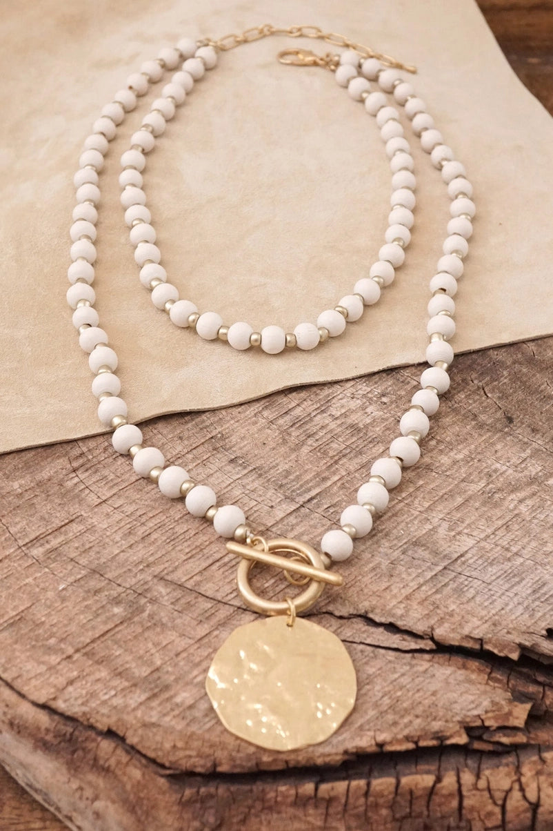 Multi Strand Wooden Beads Short Coin Necklace in Cream and G