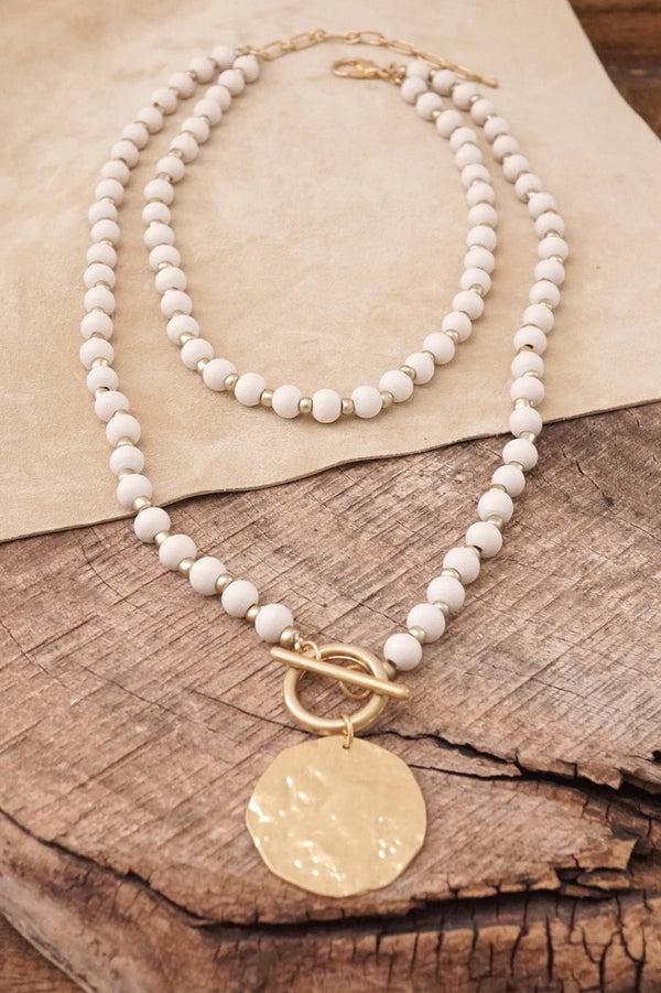 Multi Strand Wooden Beads Short Coin Necklace in Cream and G