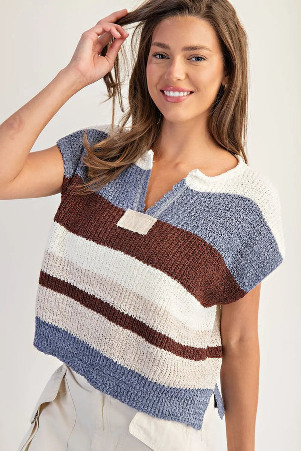 Multicolor Striped Cap Sleeve Sweater - Forest Bloom