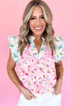 Multicolor Floral Patchwork Frill Notched Neck Ruffle Blouse