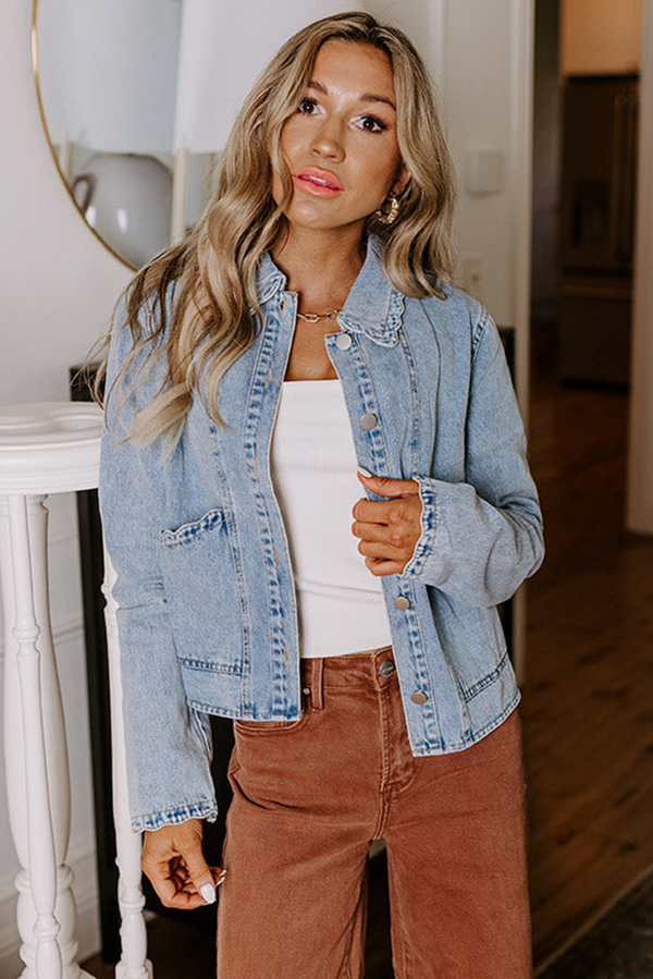 Myosotis Scallop Trim Collar Patched Pocket Button Up Denim Jacket