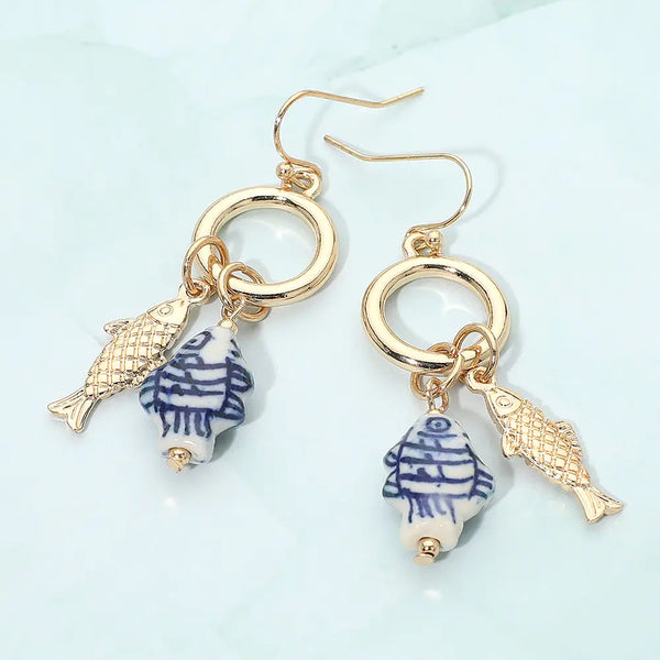 Nautical Metal Ceramic Fish Charm Drop Earrings