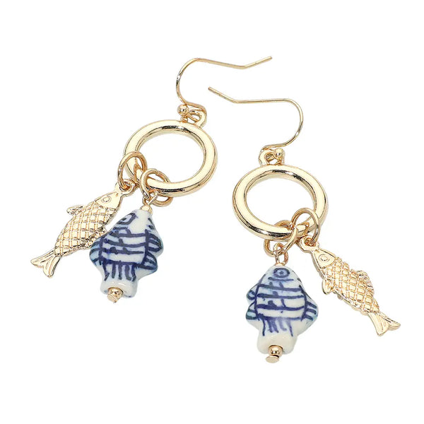 Nautical Metal Ceramic Fish Charm Drop Earrings
