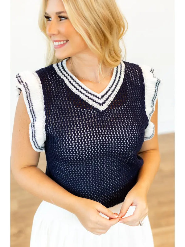 Navy Sweater Vest with White Stripes